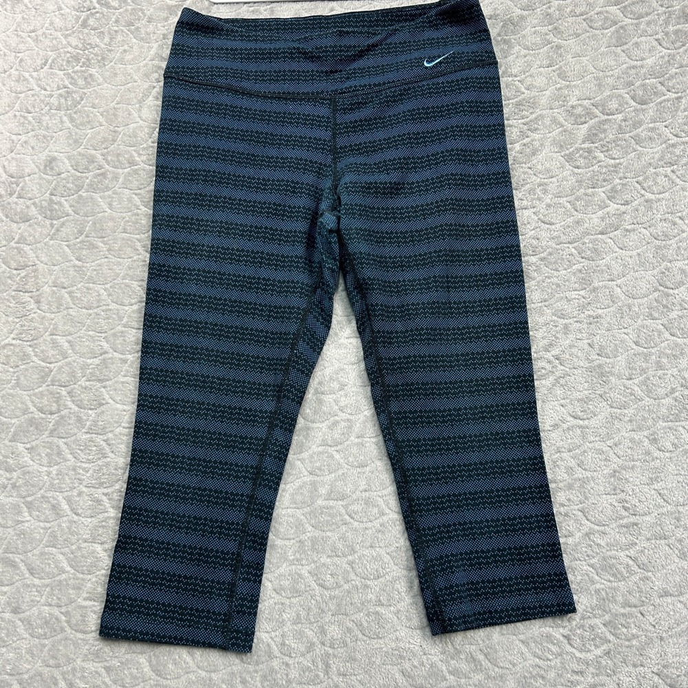 Nike Dri-FIT Women Medium Blue Black Striped Capri Leggings 725119-013 Yoga